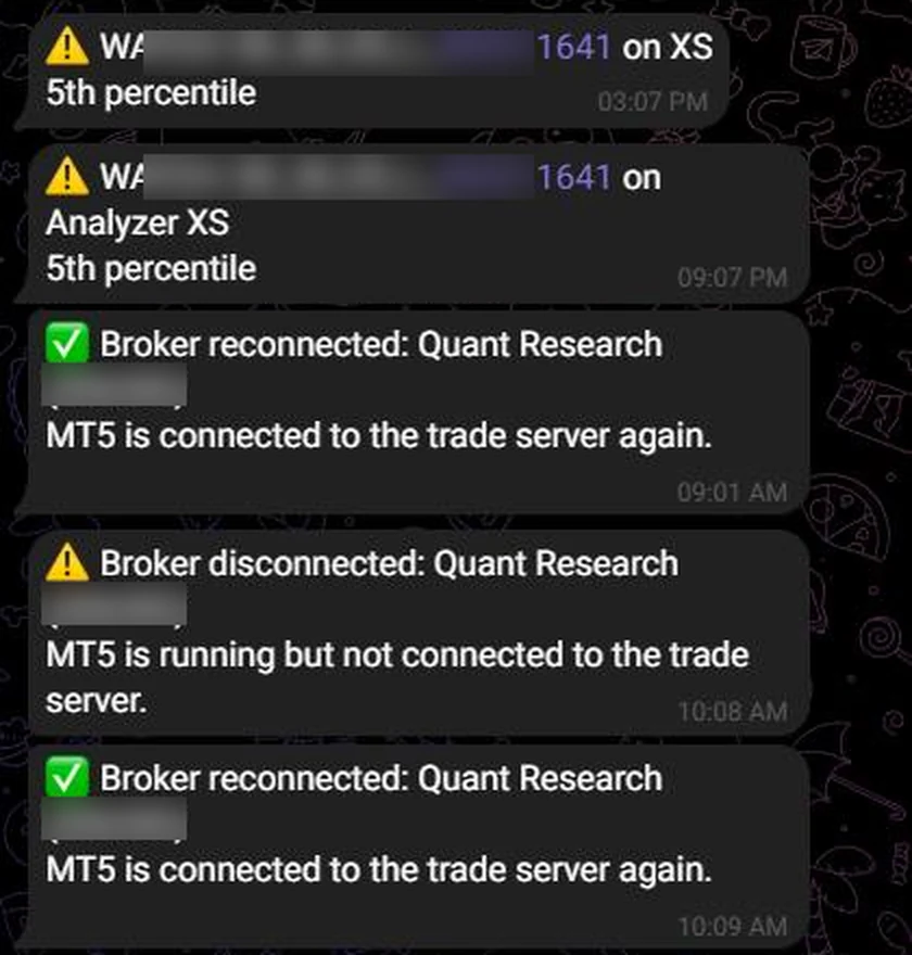 Telegram alerts: a strategy on watch at the 5th percentile, and the broker connection dropping and returning