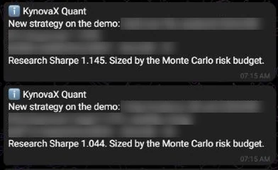 Telegram messages announcing new strategies on the demo account, each with its research Sharpe and a note that size is set by the risk budget
